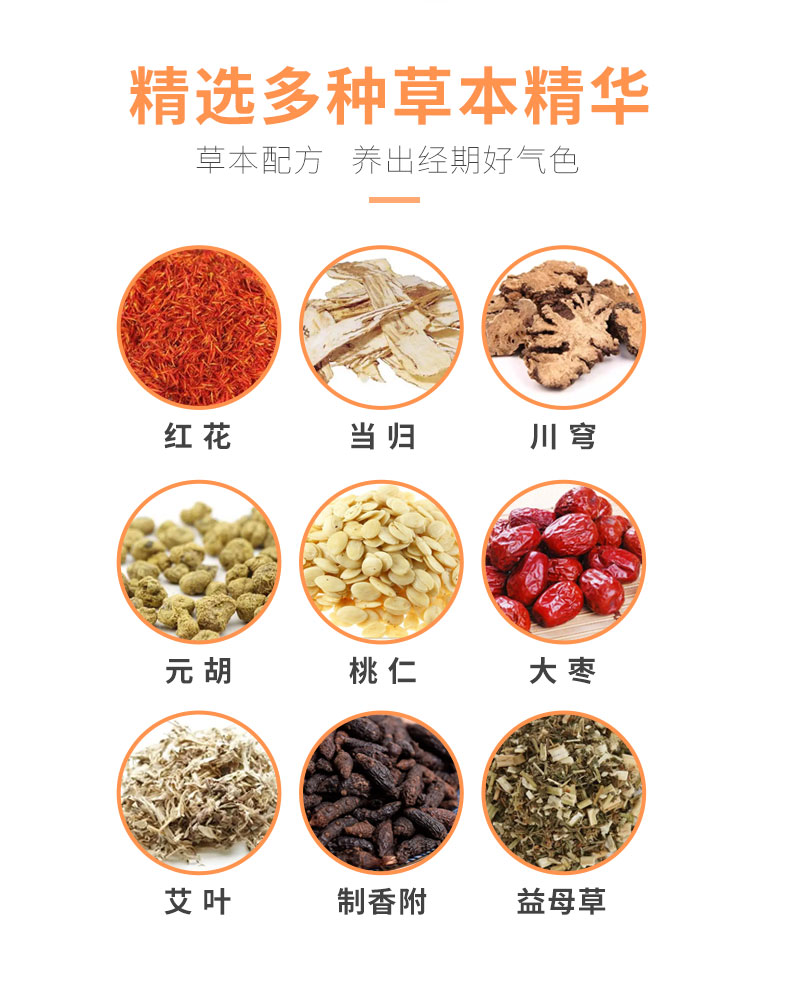 紅花、當(dāng)歸、益母草等數(shù)十味草本萃取