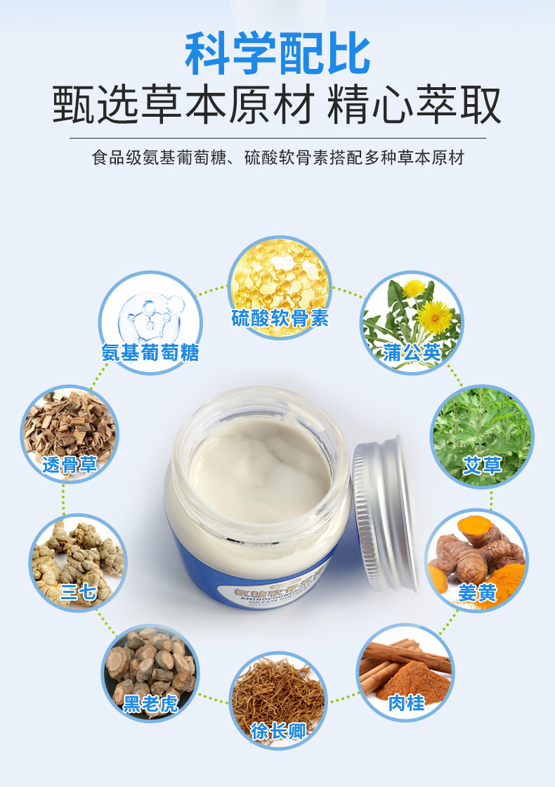 科學(xué)配比，甄選草本原材精心萃取，食品級(jí)氨基葡萄糖、硫酸軟骨素搭配多種草本原材